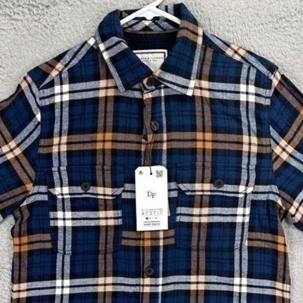 Denim Flower Ricky Singh Flannel Shirt Mens Small Blue Plaid Performance NEW‎